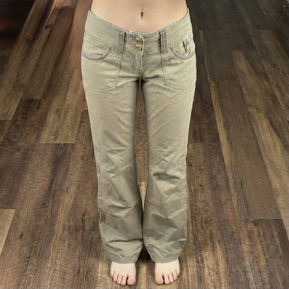 Vintage Y2K LEI Low Rise Flare Pants 3 Khaki Ashley Trouble Cargo Pocket Stitch